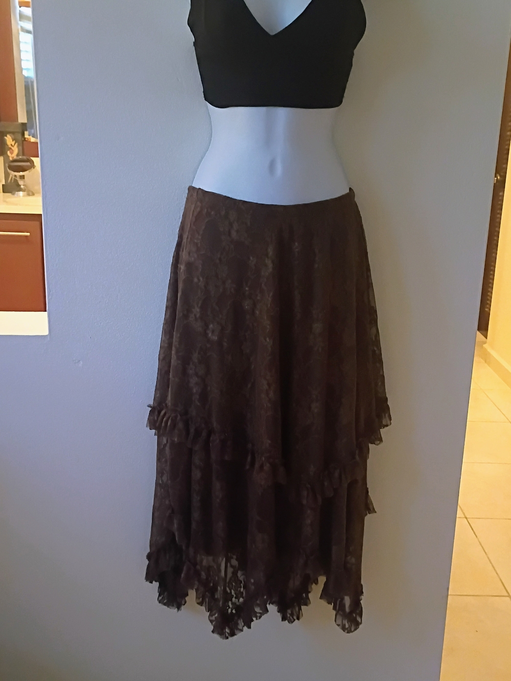 Brown Lace Tiered Maxi Skirt